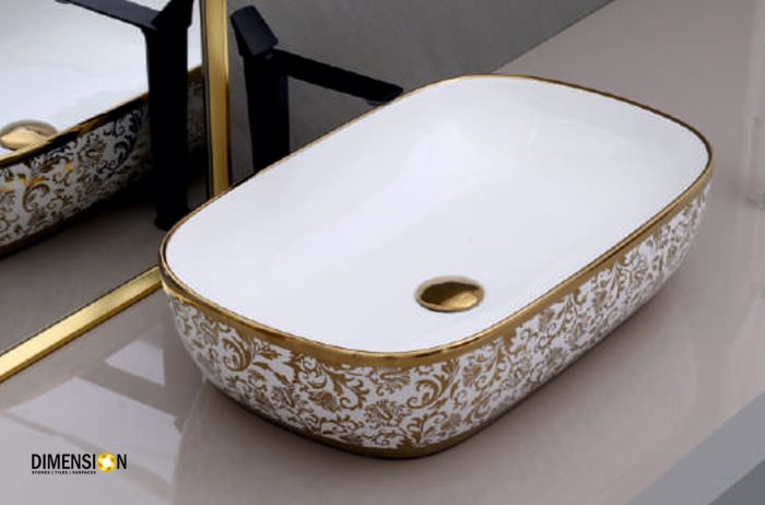 oblong shaped golden and white designer wash basin