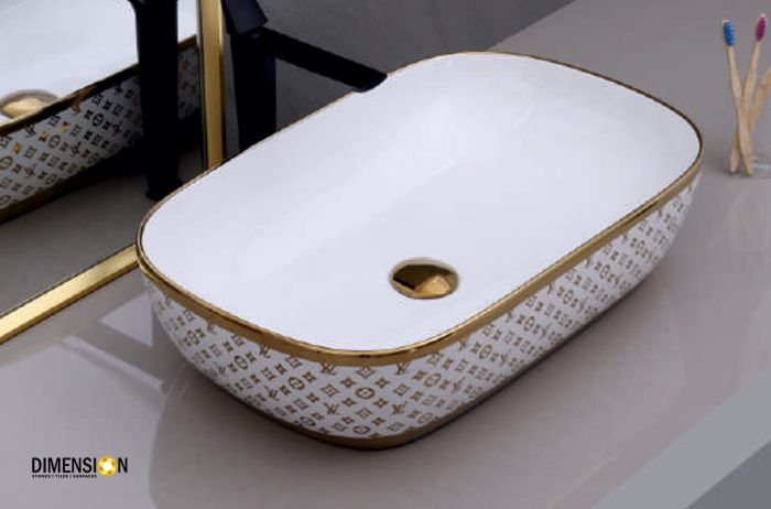 oblong golden and white designer wash basin