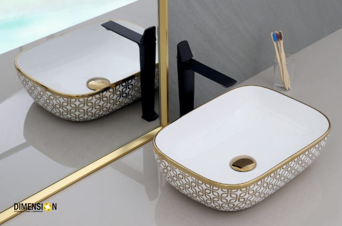 oblong shaped golden and white designer wash basin